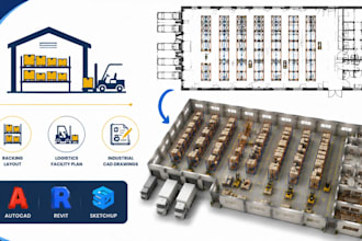create warehouse racking layout, logistics facility plan industrial cad drawing