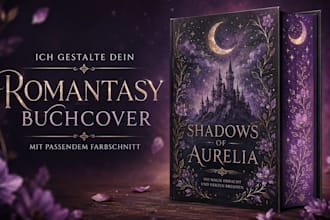 gestalte ein romantasy buchcover mit passendem farbschnitt design