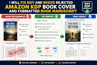 fix edit and resize rejected amazon kdp book cover and formatted book manuscript
