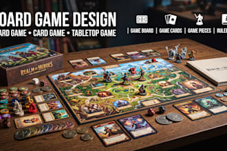 design a custom board game, card game, tabletop game, game pieces, playing cards