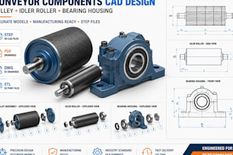 design conveyor pulley, idler roller, bearing housing cad and step files