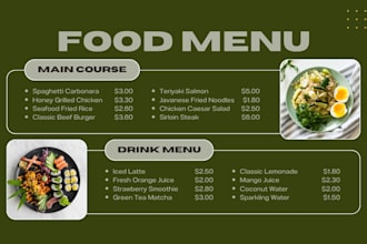 design a professional restaurant food menu, cafe menu, bar menu and flyer