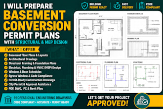 prepare basement conversion permit plans with structural and mep drawings