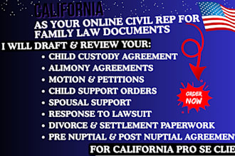 draft california divorce, child custody, prenup, alimony, lawsuit for family law