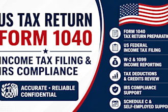 prepare US tax return, form 1040, income tax filing and irs compliance