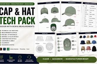create head wear tech pack design with bom and measurements
