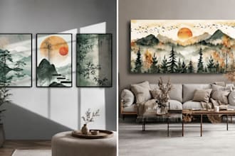 design custom boho japandi wall art set, mural wallpaper for modern interiors