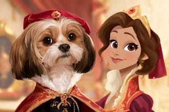 create a magical cartoon style pet portrait illustration