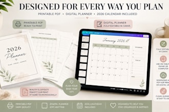 design an elegant canva planner or journal with 2026 calendar for digital, print