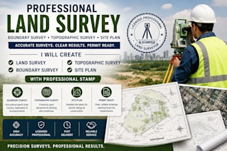 create land survey, boundary survey, topographic survey and site plan with stamp