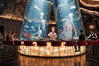 upscale 3d aquarium restaurant, japanese sushi bar,luxury fine dining,rvt render