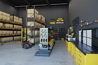 render 3d industrial warehouse layout, storage facility, workshop,hardware store