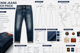 create a professional denim jeans tech pack for clothing manufacturing