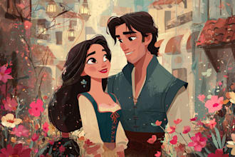 draw a romantic disney style couple portrait for wedding or anniversary
