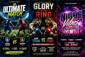 draw unique football sport flyer design, boxing fight flyer design party flyer