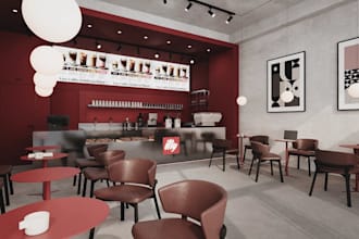 redesign restaurant interior, cafe 3d rendering, architect 2d plan, bar 3d video