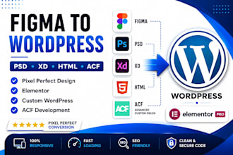 convert figma, PSD, xd or HTML to wordpress with elementor