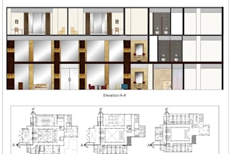 drawing hospitality interior elevation, public space layout, cad render, section
