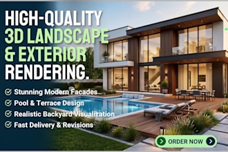 design landscape exterior facade, pool, terrace and backyard 3d rendering