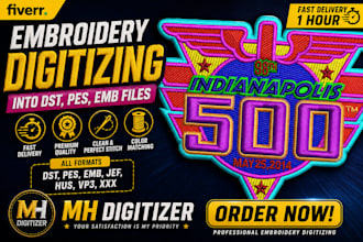 do embroidery digitizing into dst,pes,jef more file in 1hour