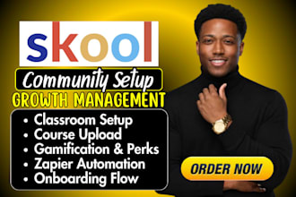 do skool community setup, skool course upload, and community management