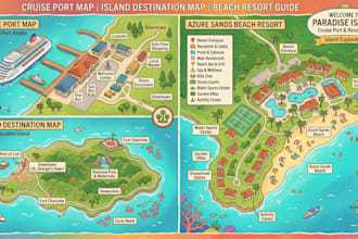 design cruise port map, island destination map beach resort map and travel guide