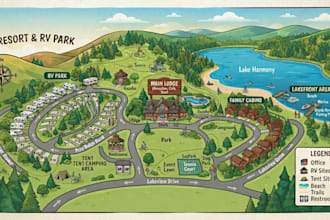 design custom resort, visitor, tourist, attraction, campground and rv park maps