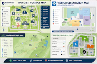 design wayfinding, campus, university, trail, and visitor orientation maps