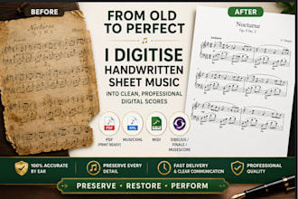 convert handwritten old sheet music scores into clean digital notation in 24hrs