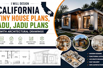design california tiny house plans, adu, jadu plans with architectural drawings