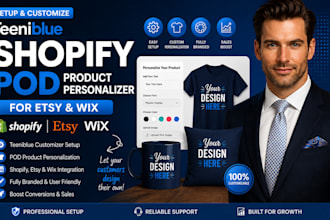 setup customily teeinblue, shopify pod, product personalizer for esty and wix