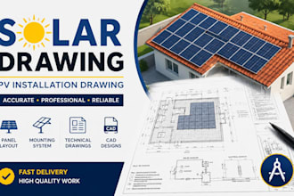 design solar panel technical drawing, pv installation drawing and cad