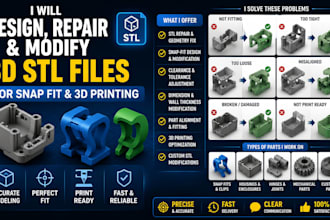 design or repair and modify 3d stl files for snap fit and 3d printing