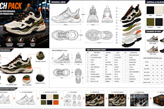 create a detailed shoe tech pack, sneakers and footwear design for manufacturing