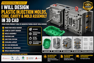 design plastic injection molds, core cavity and mold assembly in 3d cad