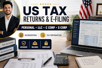 register and e file US tax returns for personal, llc, c corp, s corp bookkeeping