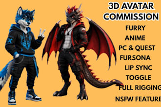 create custom 3d vrchat furry avatar vrchat vtuber model, anime vrchat character