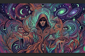 draw psychedelic illustration, trippy surreal art, poster design and album cover