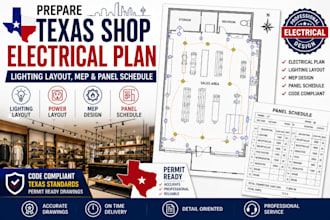 prepare texas shop electrical plan, lighting layout , mep and panel schedule