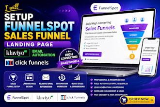 setup funnelspot sales funnel, landing page klaviyo email automation clickfunnel