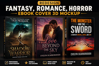redesign fantasy book cover, romance book cover, horror ebook cover 3d mockup