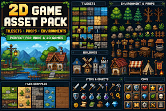 create custom 2d game environment asset pack tileset props icons pixel art asset