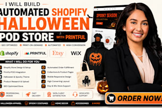 build automated shopify etsy wix halloween spooky costume seo store pod printful