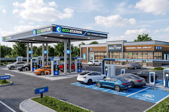 design 3d gas station, 3d ev charging station,  canopy, filling station renders