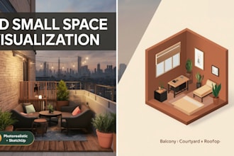 design a 3d small garden render for balcony courtyard and rooftop spaces