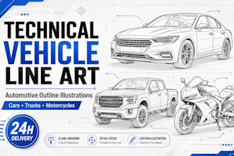 draw technical vehicle line art and automotive outline illustrations