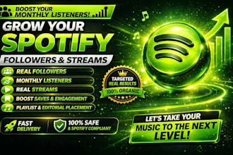 increase USA playlist spotify followers, monthly listeners genuine streams