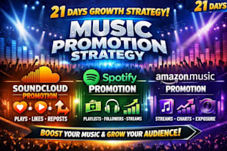 21days growth strategy, soundcloud promotion, spotify promotion and amazon music