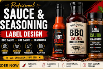 do bbq sauce label, hot sauce, seasoning label design that stands out on shelf