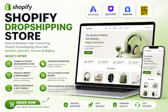 build and redesign shopify dropshipping store with avasam and spocket